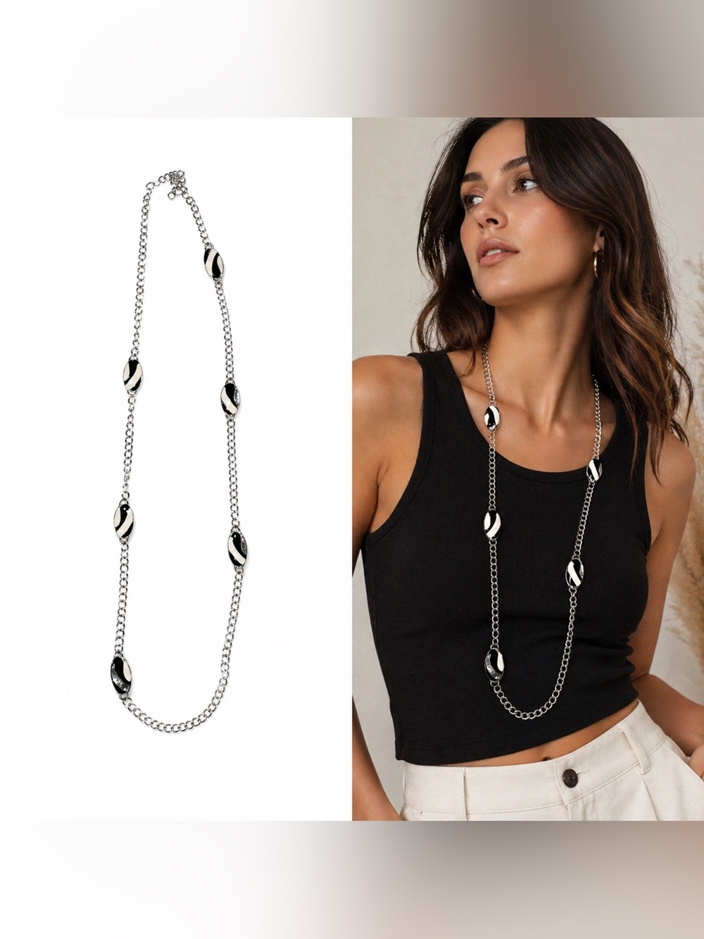 Black White Beaded Necklace Long Silver Chain Minimalist Statement Jewelry